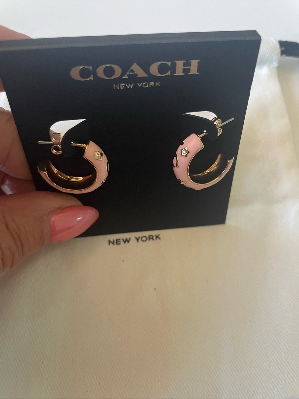 Coach Pink Enamel Hoop Earrings with Gold Studs - Picture 2 of 4